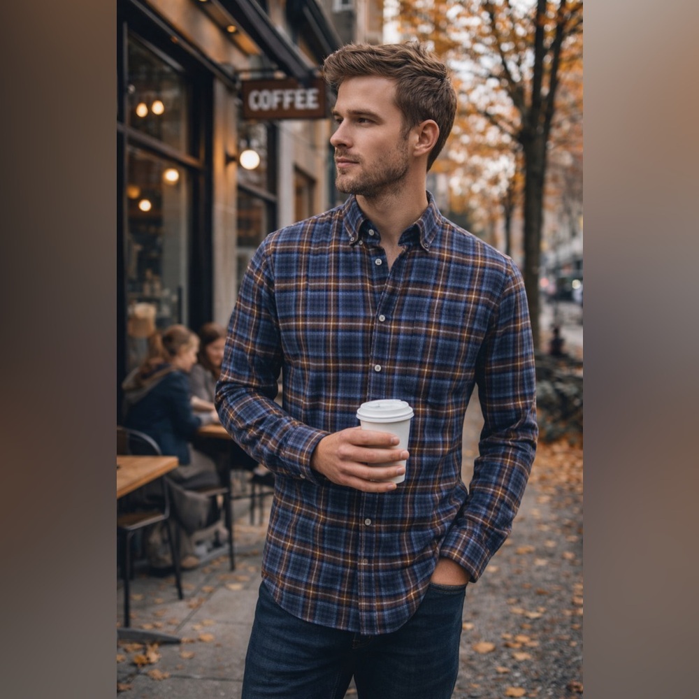 Stenströms Fitted Body Plaid Button Down Shirt M Blue Brown Twofold Super Cotton